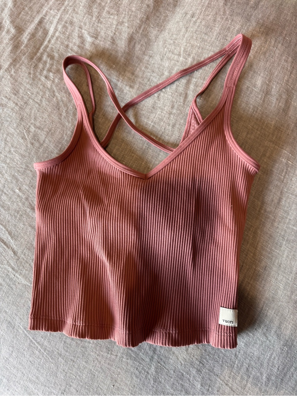Vuori Ribbed Strappy Tank in Mauve Pink (Cropped)